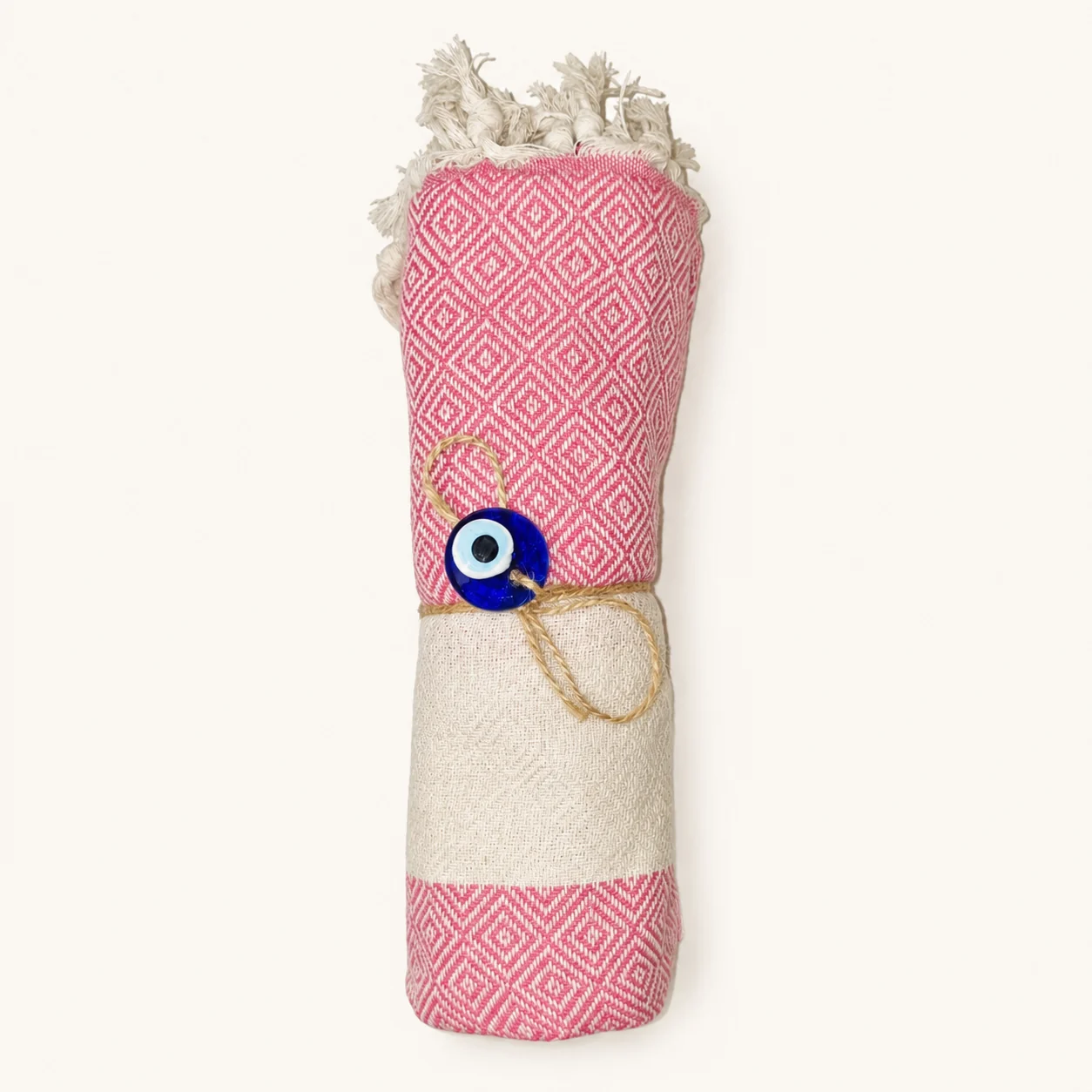 Fleur de Hammamet fouta in bright pink & natural ecru with a diamond weave and central band